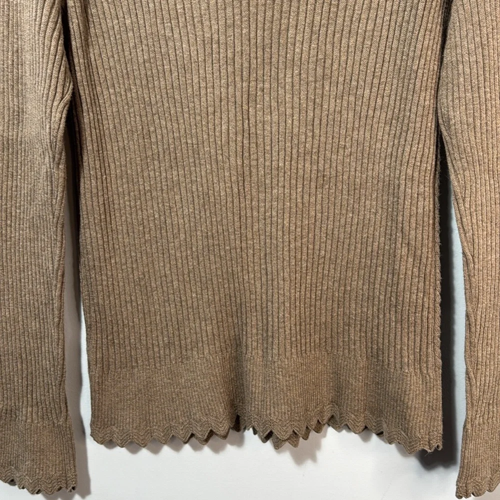 Jeanne Pierre Sweater‎ Taupe Mock Neck Scalloped in Size Petite M  NWT